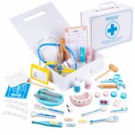 Set de doctor Dentist pentru copii Kinderplay, realizat din lemn, cu 27 instrumente spcifice in valida de transport, dimensiune 26 x 18 x 8 cm