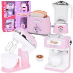 Set 4 electrocasnice mici de bucatarie pentru copii pink, cu mixer, blender, prajitor de paine, filtru de cafea