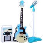 Set muzical pentru copii cu chitara electrica cu microfon pe stativ si amplificator pentru karaoke, cu efecte sonore si luminoase, Blue color