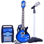 Set muzical pentru copii cu chitara electrica cu microfon pe stativ si amplificator pentru karaoke, cu efecte sonore si luminoase, color dark blue