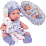 Set papusa bebe realista inaltime 32 cm, cu iepuras din plus si cos de transport inclus