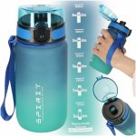 Sticla de apa motivationala Ikonka blue/green, cu marcaje de timp si volum, capac anti-scurgere, capacitate 600 ml