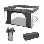 Tarc de joaca pentru copii Kidnort Snoen Dark Grey, pliabil, design modern si sigur, acces mare cu fermoar actionat din exterior, husa depozitare inclusa, dimensiune  126.5 x 74.5 cm