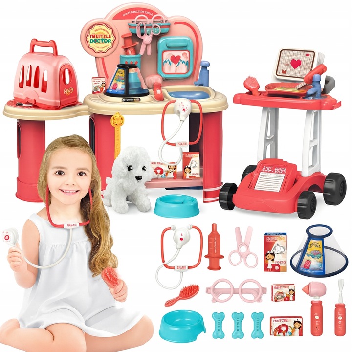 Set doctor veterinar pentru copii Matadi XL, carucior mobil si masuta cu robinet functional, circuit inchis de apa, Catelus de plus pacient inclus