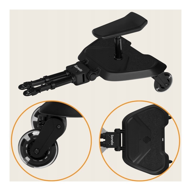 Adaptor universal carucior pentru al doilea copil Lionelo Buggy Board Negru 2 in 1, 3 pozitii reglare sezut pe inaltime, platforma antiderapanta, roti cu lumini colorate, sustine 25 kg - 4
