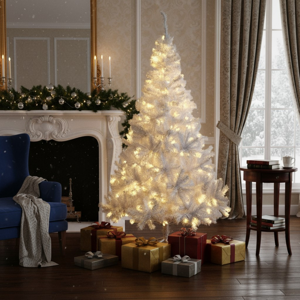 Brad alb artificial iluminat, 195 cm, 360 led-uri alb cald, 936 ramuri dense, suport metalic - 1