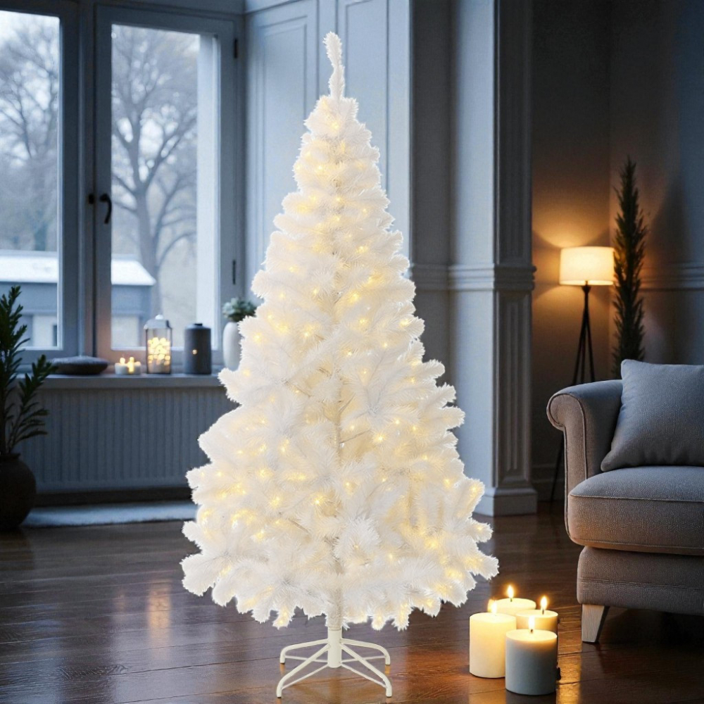 Brad alb artificial iluminat, 195 cm, 360 led-uri alb cald, 936 ramuri dense, suport metalic - 2