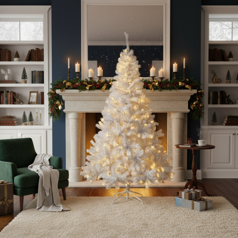 Brad alb artificial iluminat, 195 cm, 360 led-uri alb cald, 936 ramuri dense, suport metalic - 4