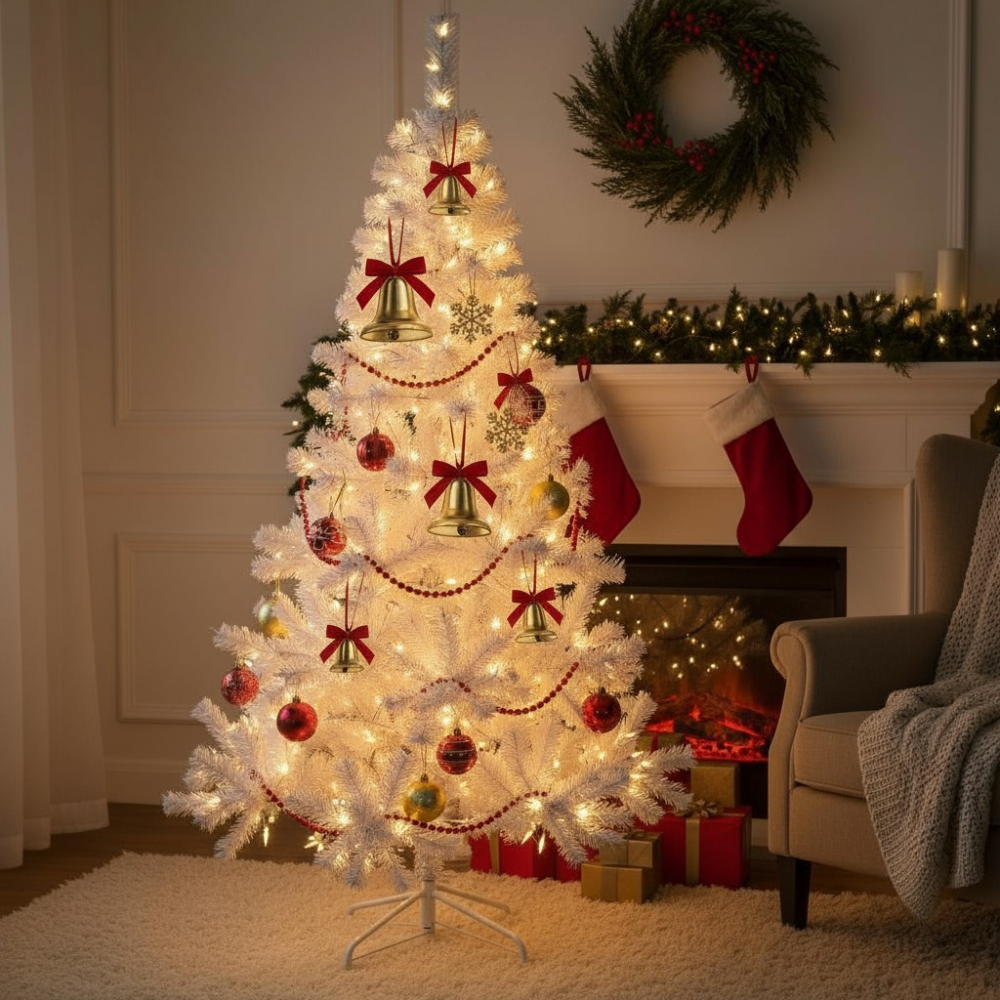 Brad alb artificial iluminat, 195 cm, 360 led-uri alb cald, 936 ramuri dense, suport metalic - 5