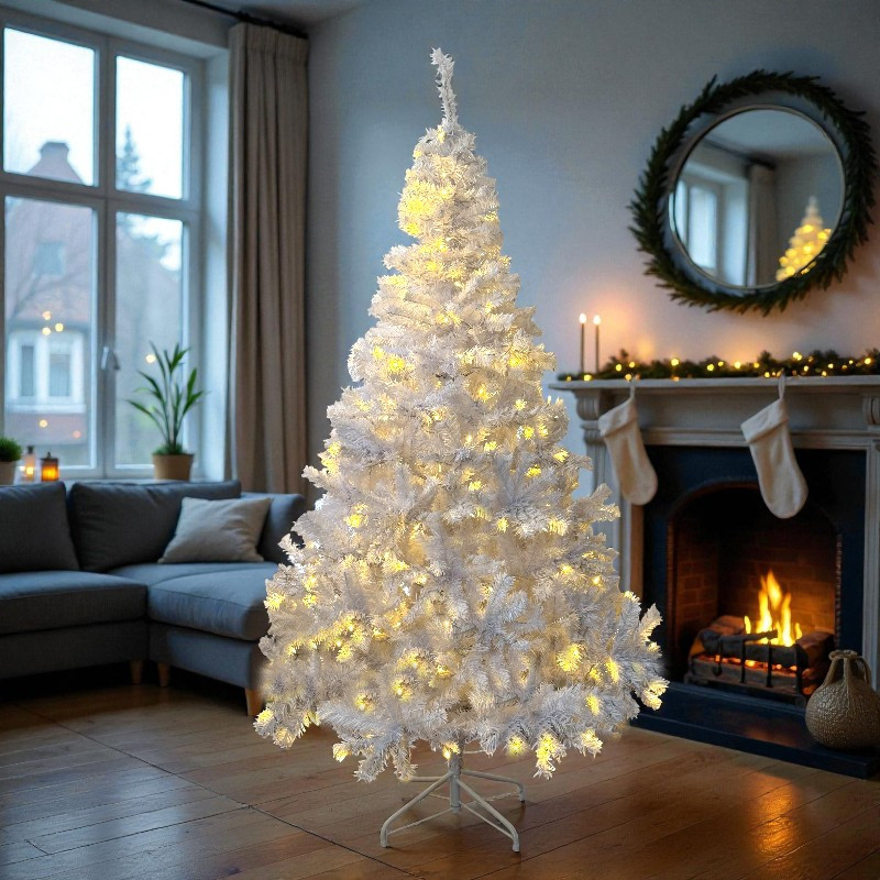 Brad alb artificial iluminat, 195 cm, 360 led-uri alb cald, 936 ramuri dense, suport metalic - 6