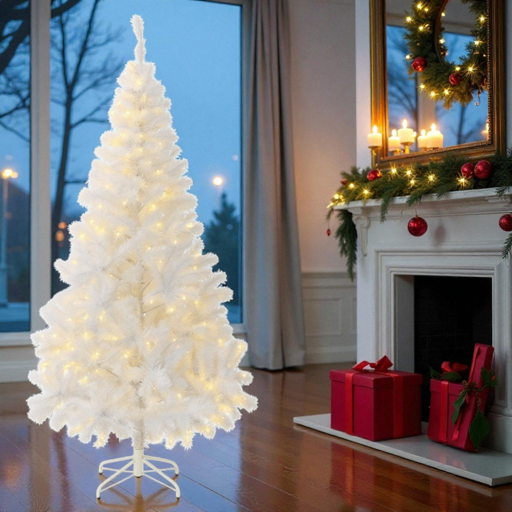 Brad alb artificial iluminat, 195 cm, 360 led-uri alb cald, 936 ramuri dense, suport metalic - 7