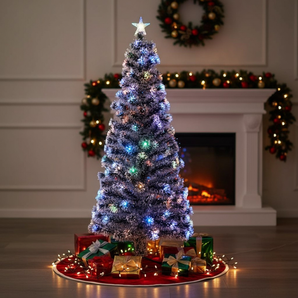 Brad artificial de Craciun, iluminat led si fibra optica, varf steluta, 210 cm - 1