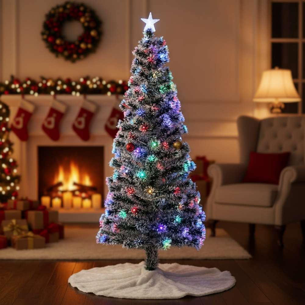 Brad artificial de Craciun, iluminat led si fibra optica, varf steluta, 210 cm - 2