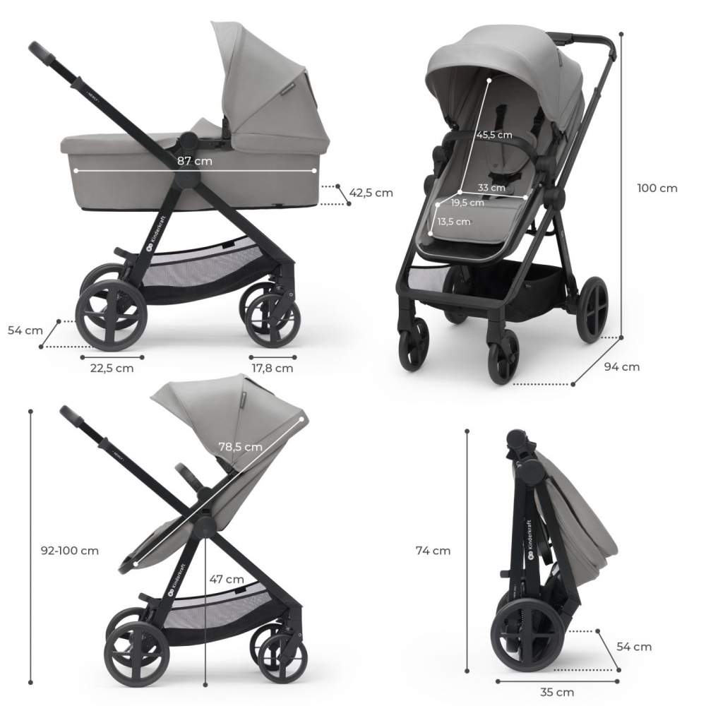 Carucior pentru copii Kinderkraft Newly Light Grey, 3 in 1, transformabil, cadru din aluminiu, spatar reglabil, maner ajustabil - 7