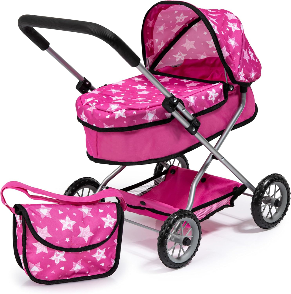 Carucior pentru papusi Bayer Smarty Pink Stars pentru papusi de pana la 46 cm,cu roti rezistente,pliabil,husa landou,gentuta asortata inclusa