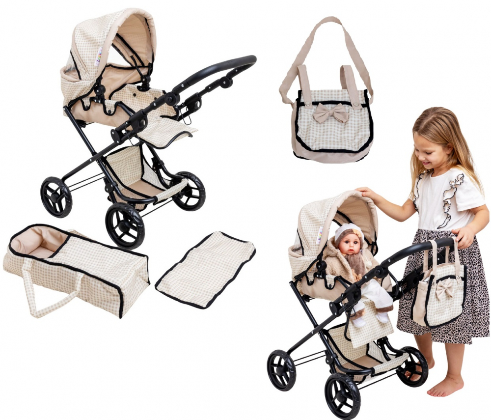 Carucior pliabil pentru papusi Doris Beige 2in1 cu maner reglabil,copertina cu fereastra,saltea de infasat,landou portabil cu manere,gentuta accesorii,roti din spuma eva,cos accesorii,dimensiune