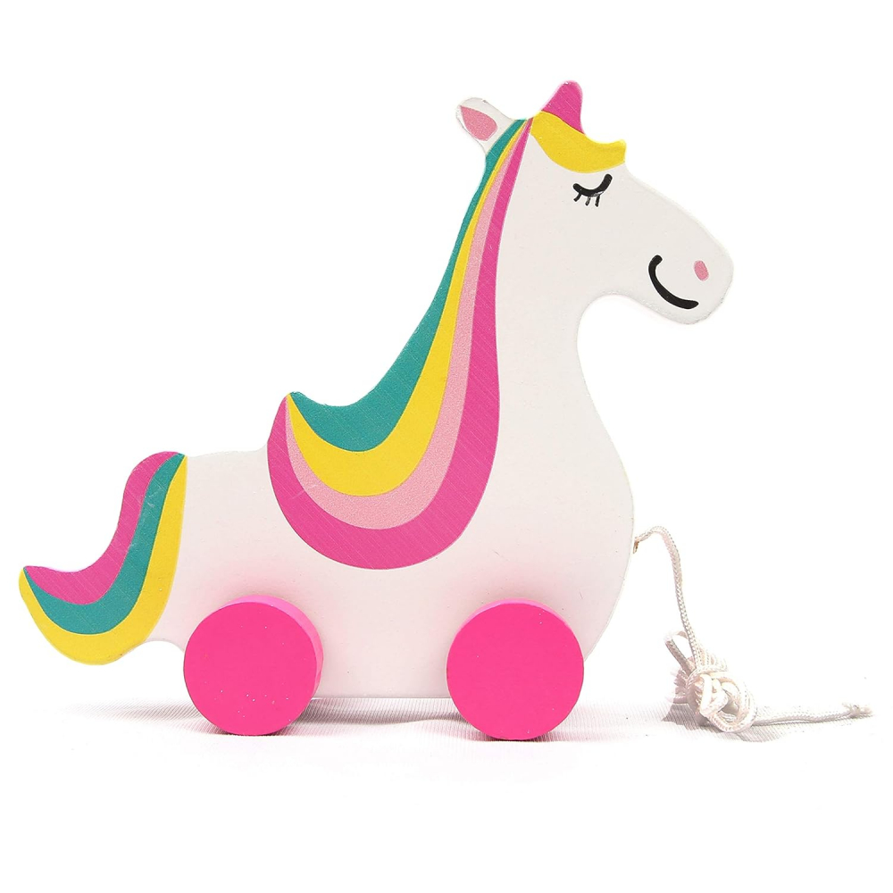 Jucarie de tras Unicornul fericit din lemn,snur inclus,forme rotunjite,vopsele sigure,non-toxice,dimensiune 16x18 cm