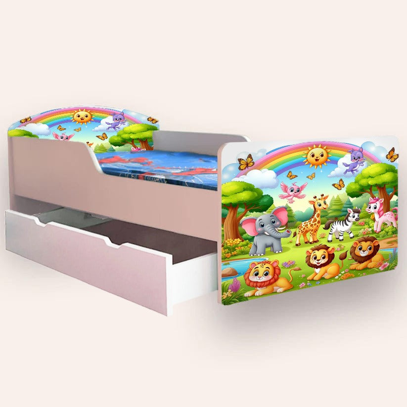 Pat pentru copii Animale Zoo, cu sertar si saltea, 2-6 ani, 130x60 cm - 1