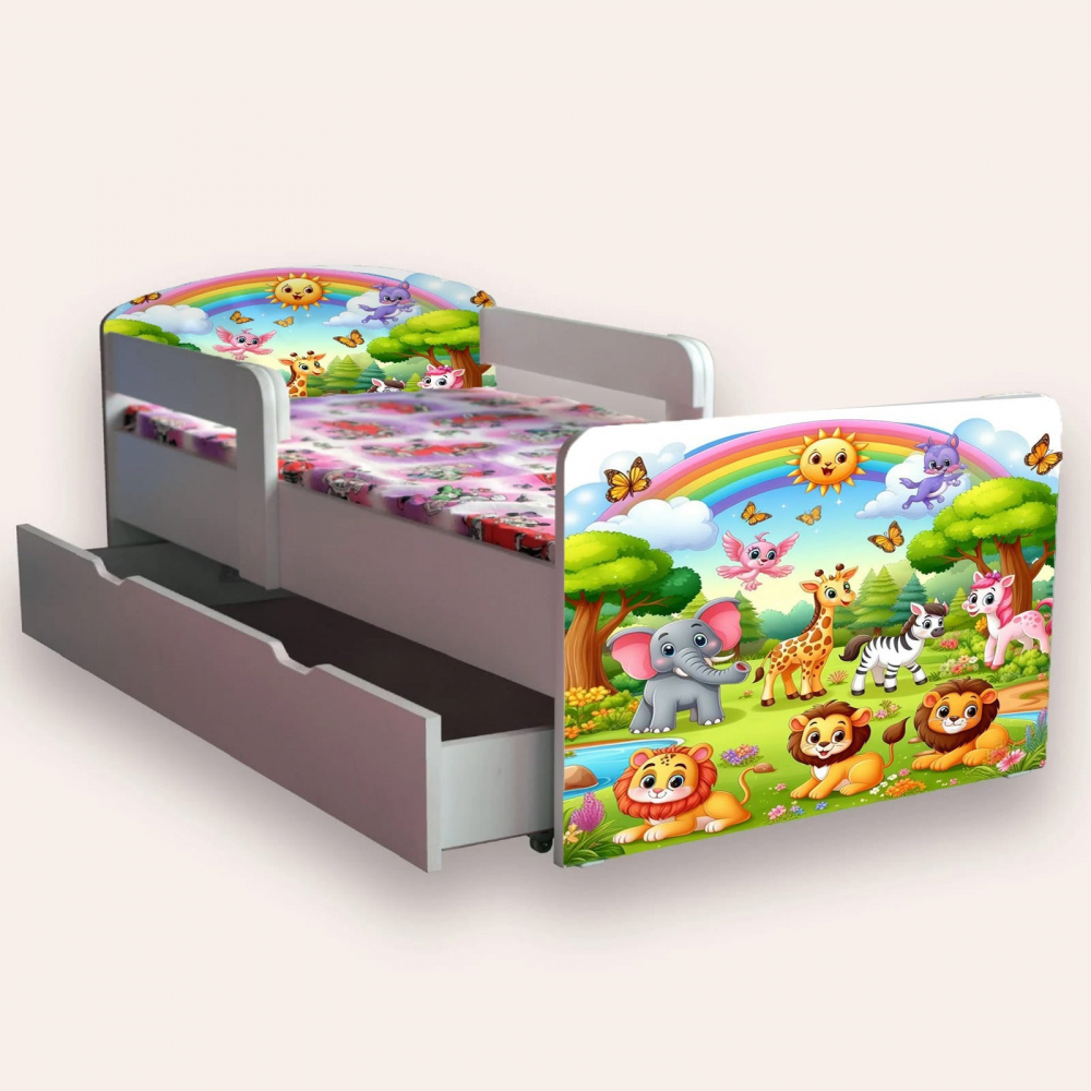 Pat pentru copii Animale Zoo, cu manere, sertar si saltea, 2-12 ani, 160x80 cm - 1