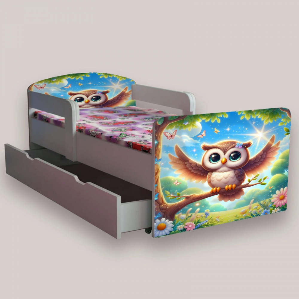 Pat pentru copii Bufnita, cu manere, sertar si saltea, 2-8 ani, 140x70 cm