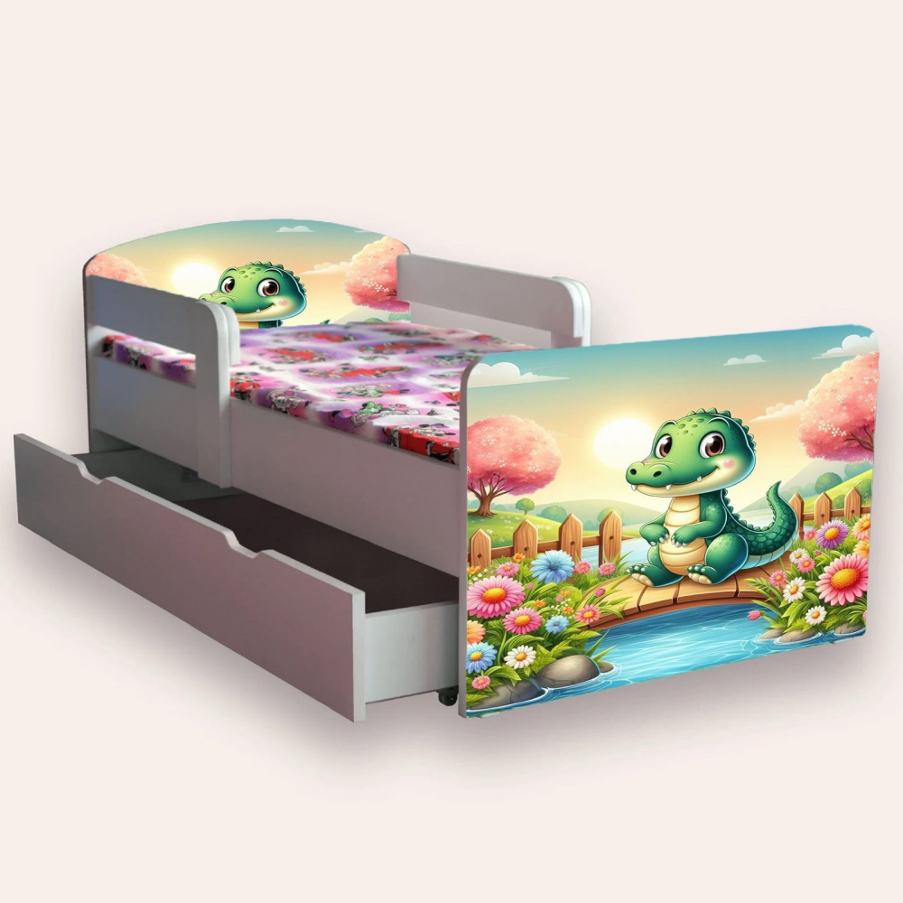 Pat pentru copii Crocodil, cu manere, sertar si saltea, 2-12 ani, 160x80 cm - 1