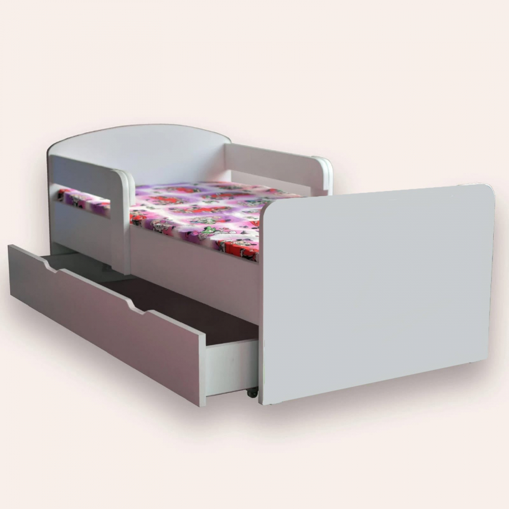 Pat pentru copii alb cu manere, sertar si saltea, 2-6 ani, 130x60 cm - 1