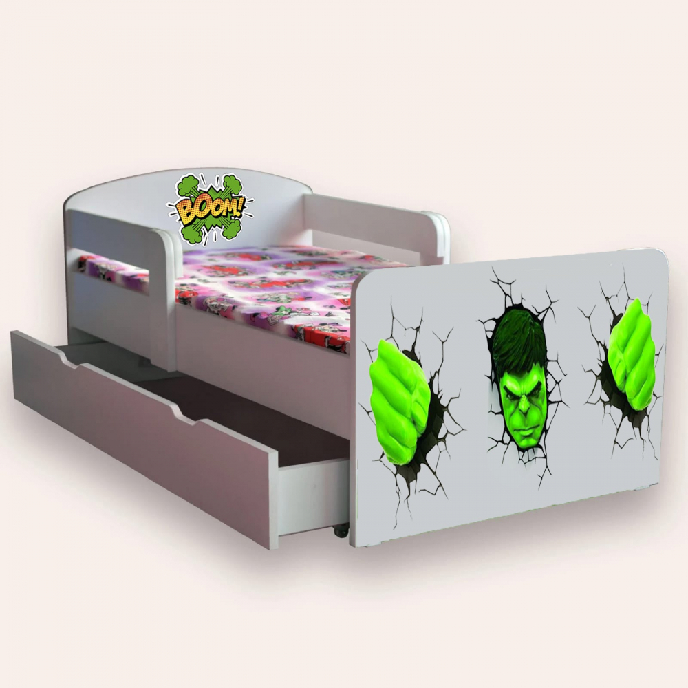 Pat pentru copii Halk cu manere, sertar si saltea, 2-6 ani, 130x60 cm - 1