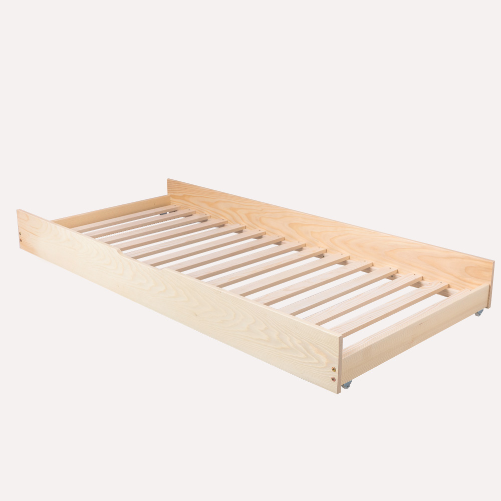 Pat pentru copii casuta montessori, Little Amy, Timber Sleep, balustrade cu bare rotunde, Natur, 70x140 cm
