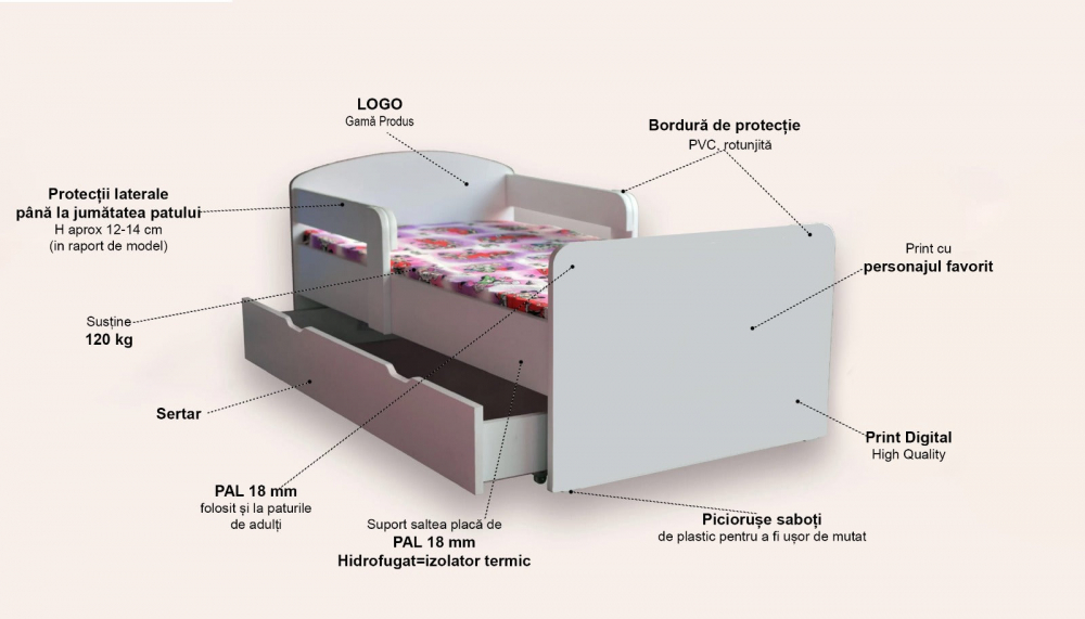 Pat pentru copii Fulger Mcqueen cu manere si sertar, 2-6 ani, 130x60 cm