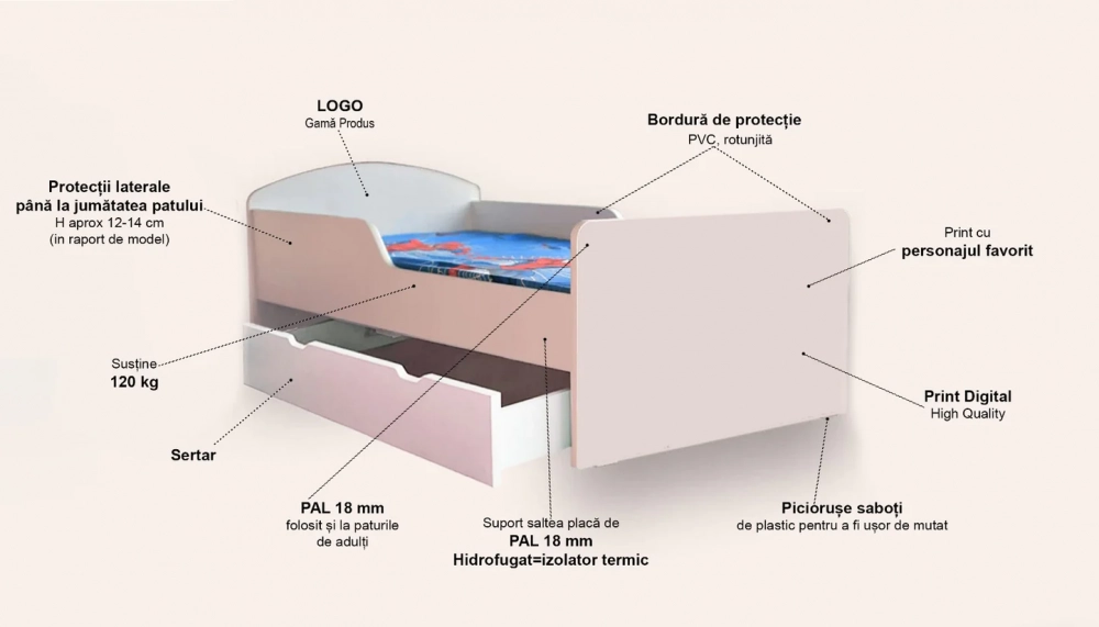 Pat pentru copii alb, cu sertar, 2-8 ani, 140x70 cm