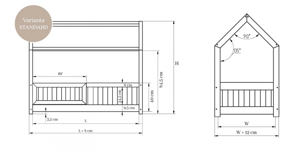 Pat pentru copii casuta montessori, Little Amy, Timber Sleep, balustrade cu bare rotunde, Natur, 140x200 cm - 1