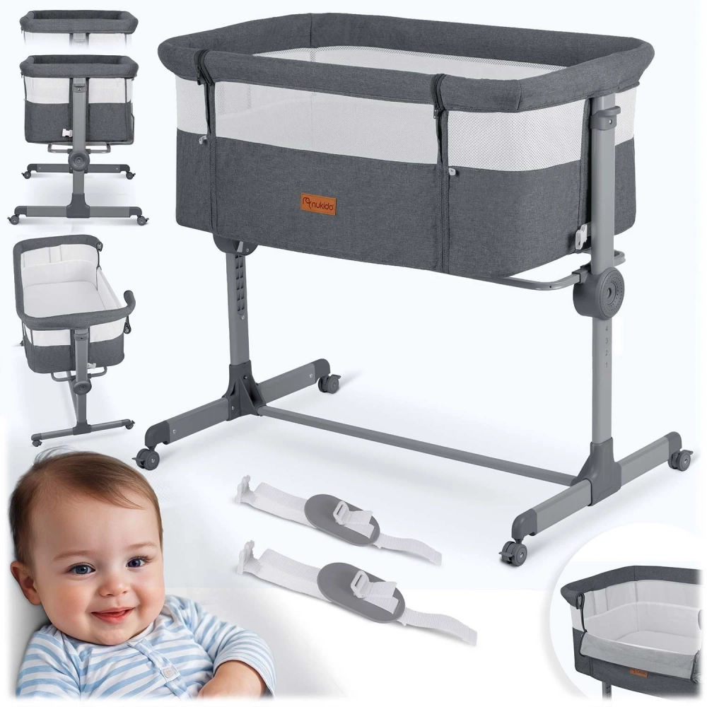Patut co-sleeper Nukido Gri cu laterala culisanta,roti cu frane,inaltime reglabila,materiale respirabile, curele de fixare la patul parintelui,pozitie antireflux,saltea inclusa