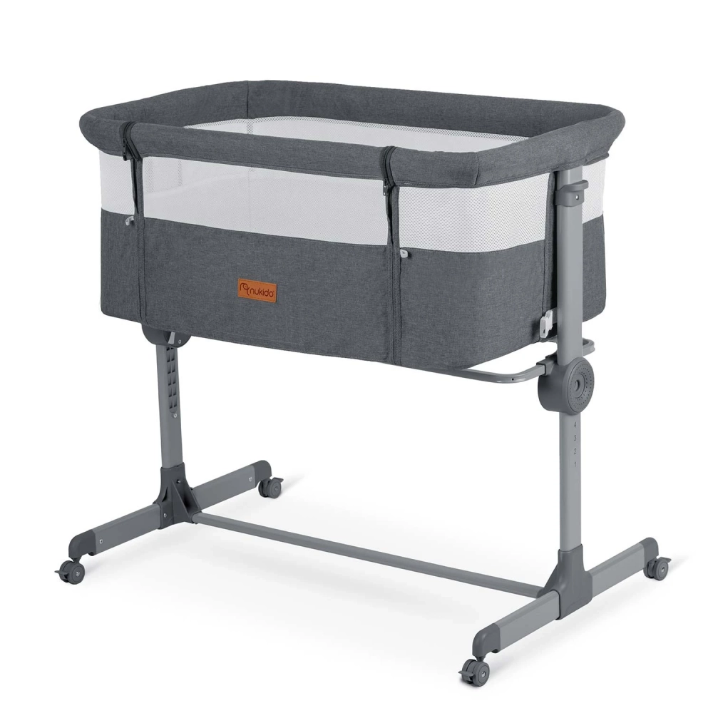 Patut co-sleeper Nukido Gri cu laterala culisanta,roti cu frane,inaltime reglabila,materiale respirabile,curele de fixare la patul parintelui,pozitie antireflux,saltea inclusa - 3