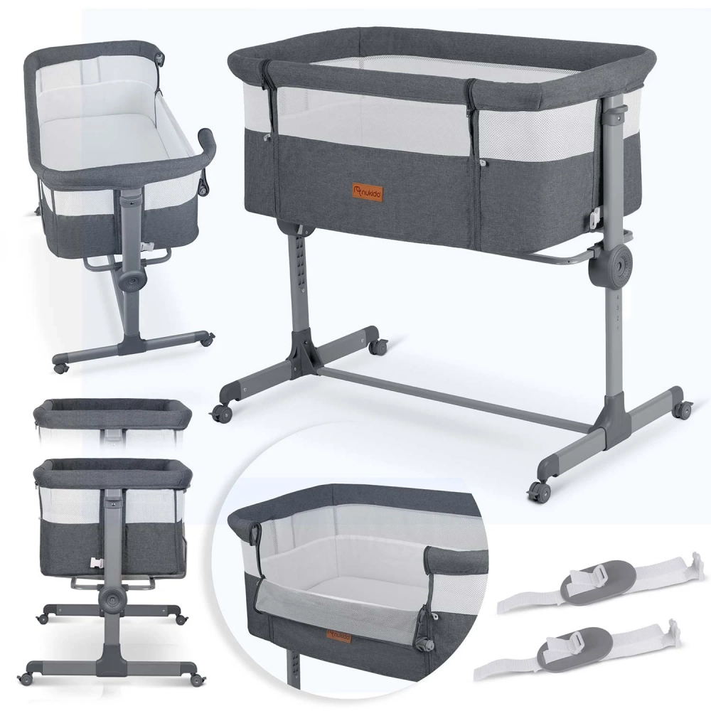 Patut co-sleeper Nukido Gri cu laterala culisanta,roti cu frane,inaltime reglabila,materiale respirabile,curele de fixare la patul parintelui,pozitie antireflux,saltea inclusa - 4