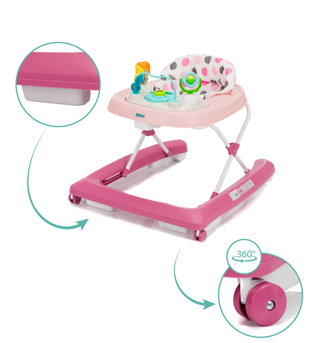 Premergator pentru copii Fillikid Pink cu jucarie, opritor de siguranta, reglabil pe incaltime si pliabil - 5