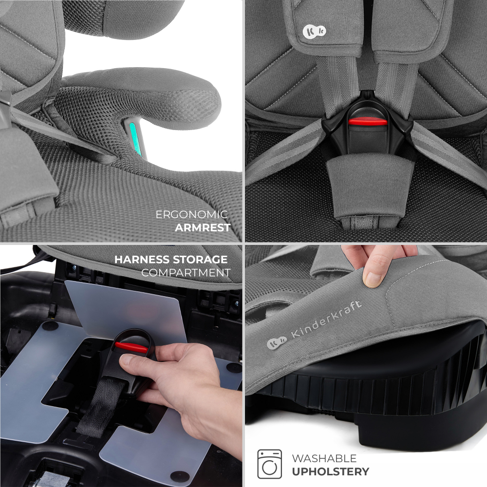Scaun auto pentru copii Kinderkraft Fix2go Grey, 76-150 cm, I-size, pliabil, prindere Top tether, spatar reglabil, SPS