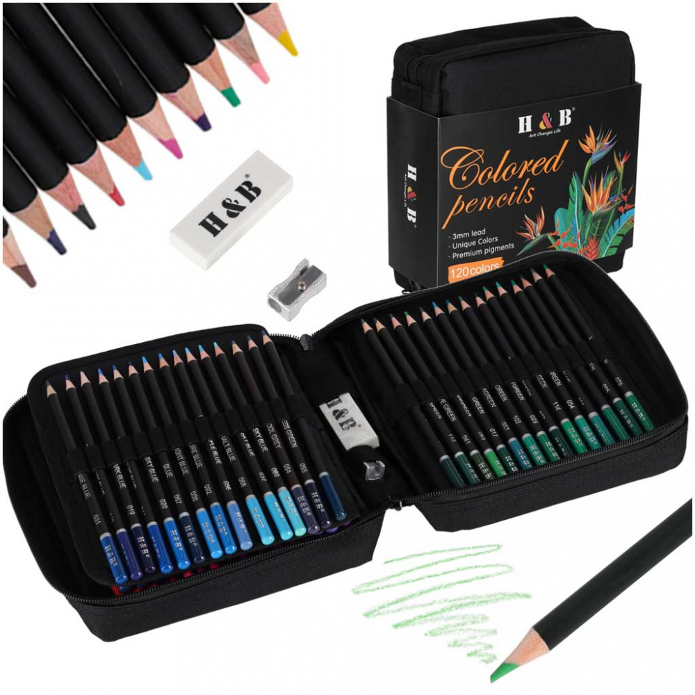 Set 120 de creioane colorate pentru copii, cu ascutitoare, radiera, mapa pliabila cu fermoar si maner de transport