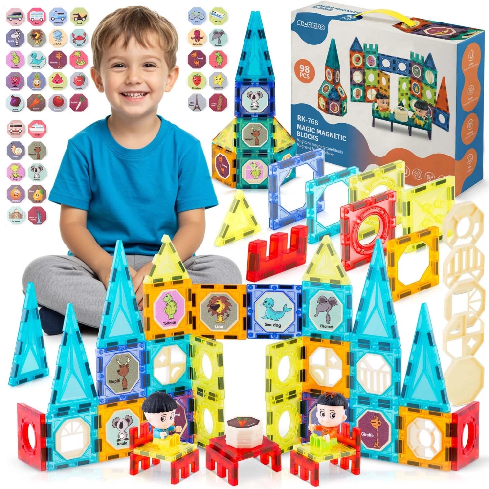 Set 98 piese magnetice de constructie Ricokids City Multicolor,contine autocolante si 2 figurine