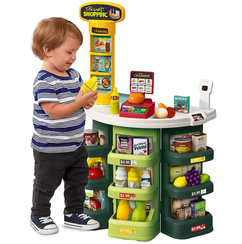 Set joaca supermarket Matadi Green cu cos de cumparaturi si 44 accesorii,scaner cu lumina si sunete,cantar,dimensiune 76x46.5x27 cm
