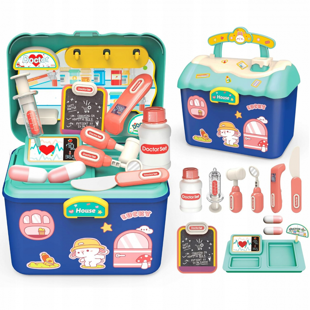 Set trusa medicala Matadi 2in1 Doctor Set Turcoaz/Albastru in cufar cu maner transport,12 accesorii medicale incluse