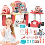 Set doctor veterinar pentru copii Matadi XL, carucior mobil si masuta cu robinet functional, circuit inchis de apa, Catelus de plus pacient inclus