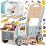 Antepremergator Ricokids Tool Truck din lemn tip atelier auto mobil cu activitati,tabla neagra,rotite cu angrenaj,unelte,suruburi si piulite,dimensiune 40x28x43 cm