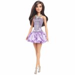Papusa Barbie fashionistas bruneta cu rochie mov cu paiete