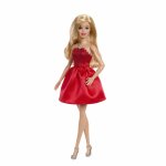 Papusa Barbie colectie aniversara 80 de ani blonda cu rochie rosie rubin