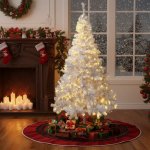 Brad alb artificial iluminat, 195 cm, 360 led-uri alb cald, 936 ramuri dense, suport metalic