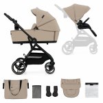 Carucior pentru copii Kinderkraft Yoxi Sand Beige 2 in 1, suspensii, spatar reglabil, maner ajustabil, accesorii