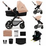 Carucior pentru copii Kinderkraft Moov 2 eva Sand Beige 4 in 1, multifunctional, cu suspensii, spatar reglabil, maner ajustabil, accesorii