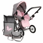 Carucior 2in1 pentru papusi Bayer City Star Gri/Roz cu maner reglabil pana la 65cm,portbebe si gentuta de umar,cadru metalic pliabil compact,potrivit pentru papusi pana la 46 cm,dimensiune 72,5x37x65 cm