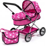 Carucior pentru papusi Bayer Smarty Pink Stars pentru papusi de pana la 46 cm,cu roti rezistente,pliabil,husa landou,gentuta asortata inclusa