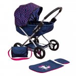 Carucior pliabil pentru papusi Anna Cosy Pink Unicorn Blue cu paturica,pernuta si gentuta de umar incluse,roti mari din spuma,cadru metalic bicolor,dimensiune 63x34x58 cm